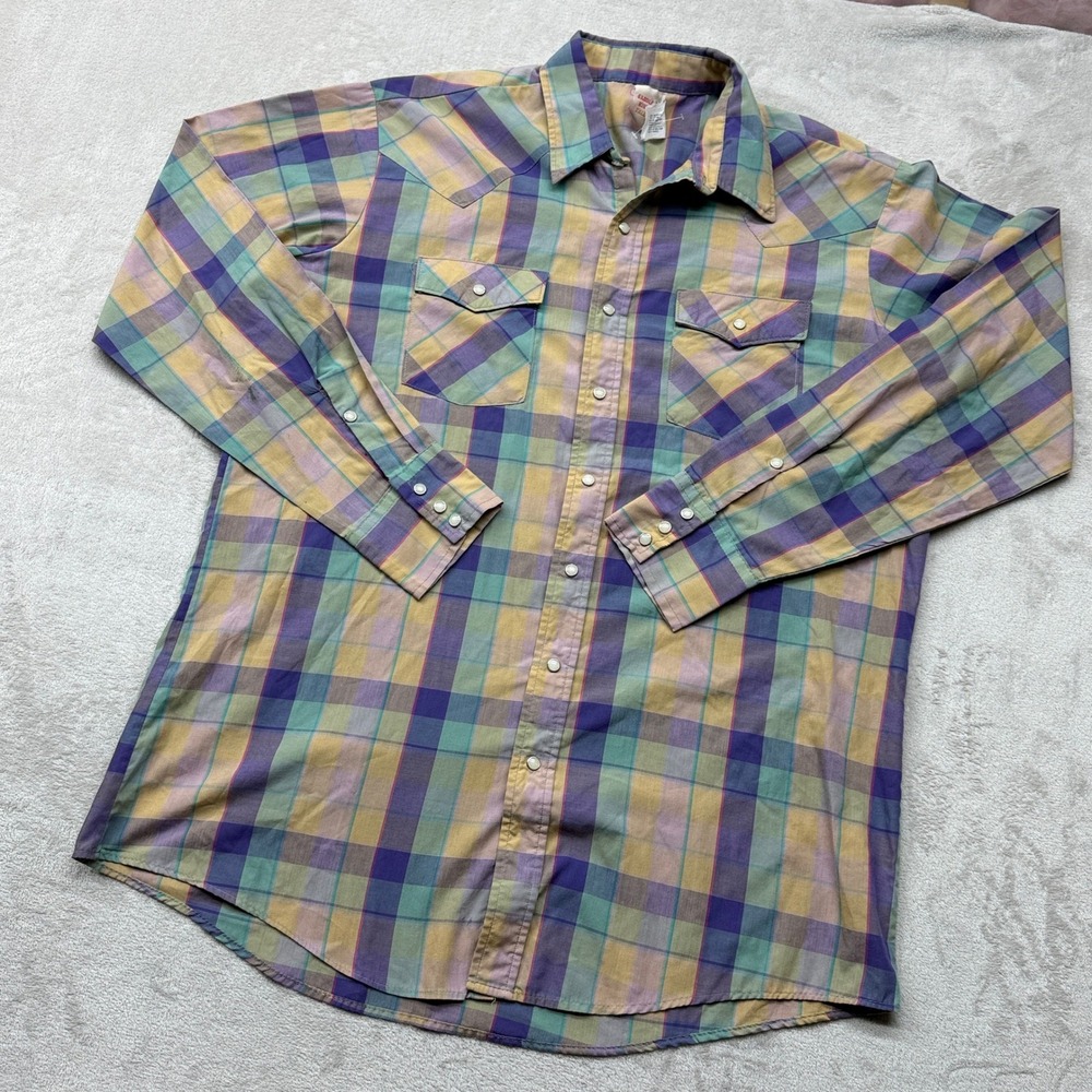 VTG Saddle King Western Shirt Men's XLT Multicolor Plaid Pearl Snap Button USA‎